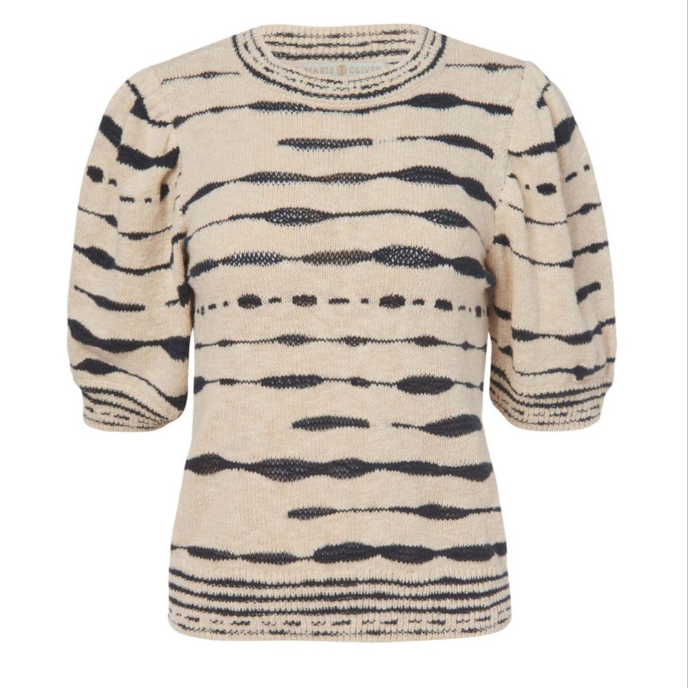 Marie Oliver Beige and Black Knit Maddie Knit Puff Sleeve Sweater Top
